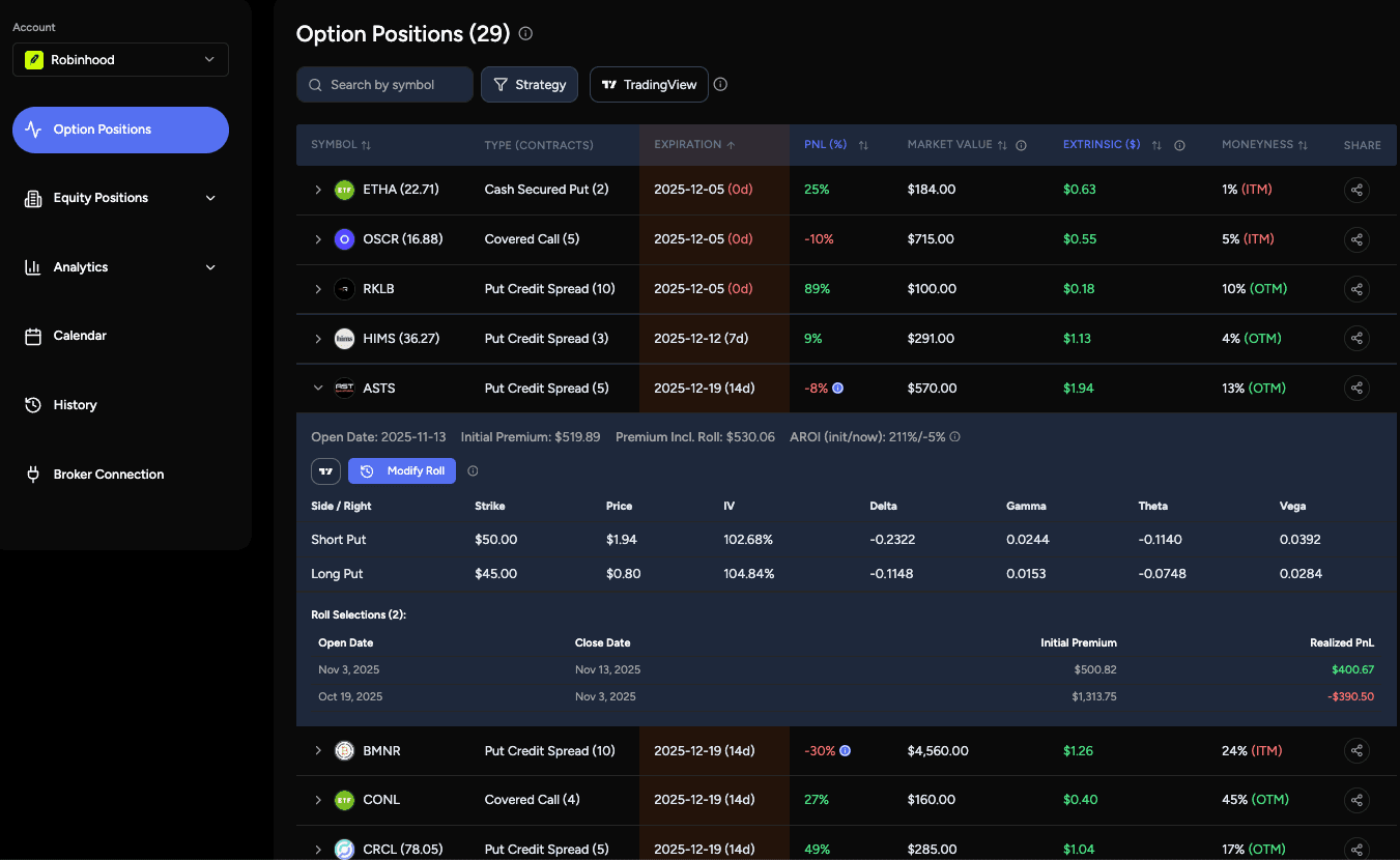 Live option positions dashboard showing Greeks, P&L, and annualized return