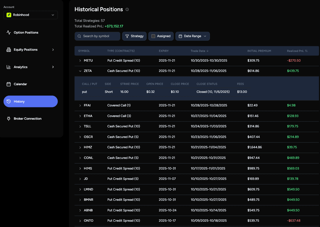 Option trading journal — searchable trade history showing closed options trades by ticker and strategy