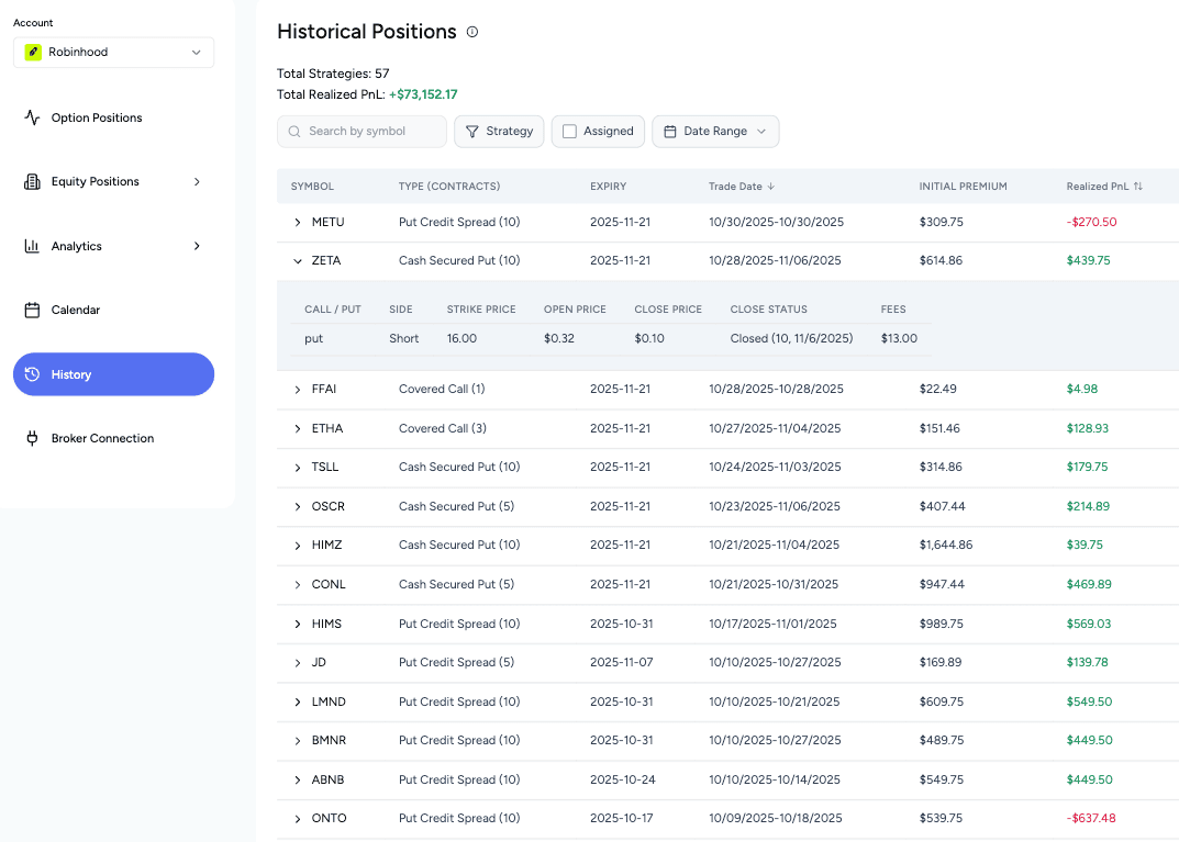 Option trading journal — searchable trade history showing closed options trades by ticker and strategy