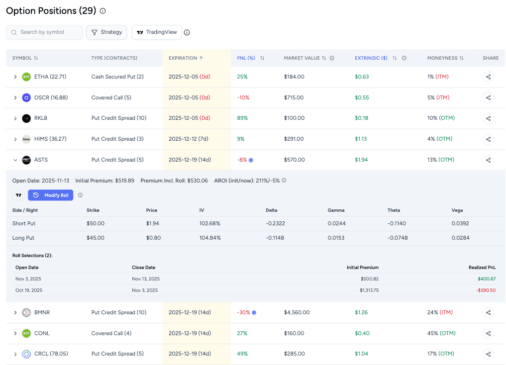 Option positions dashboard demo