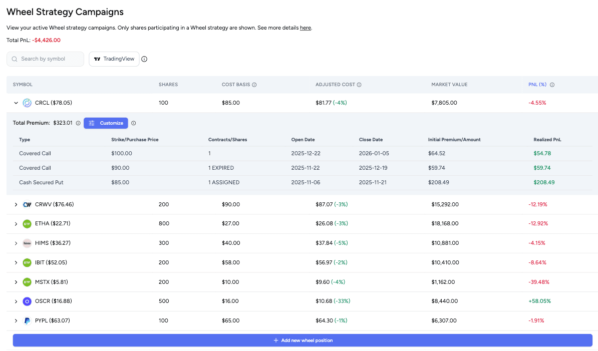 Equity positions and wheel strategy demo